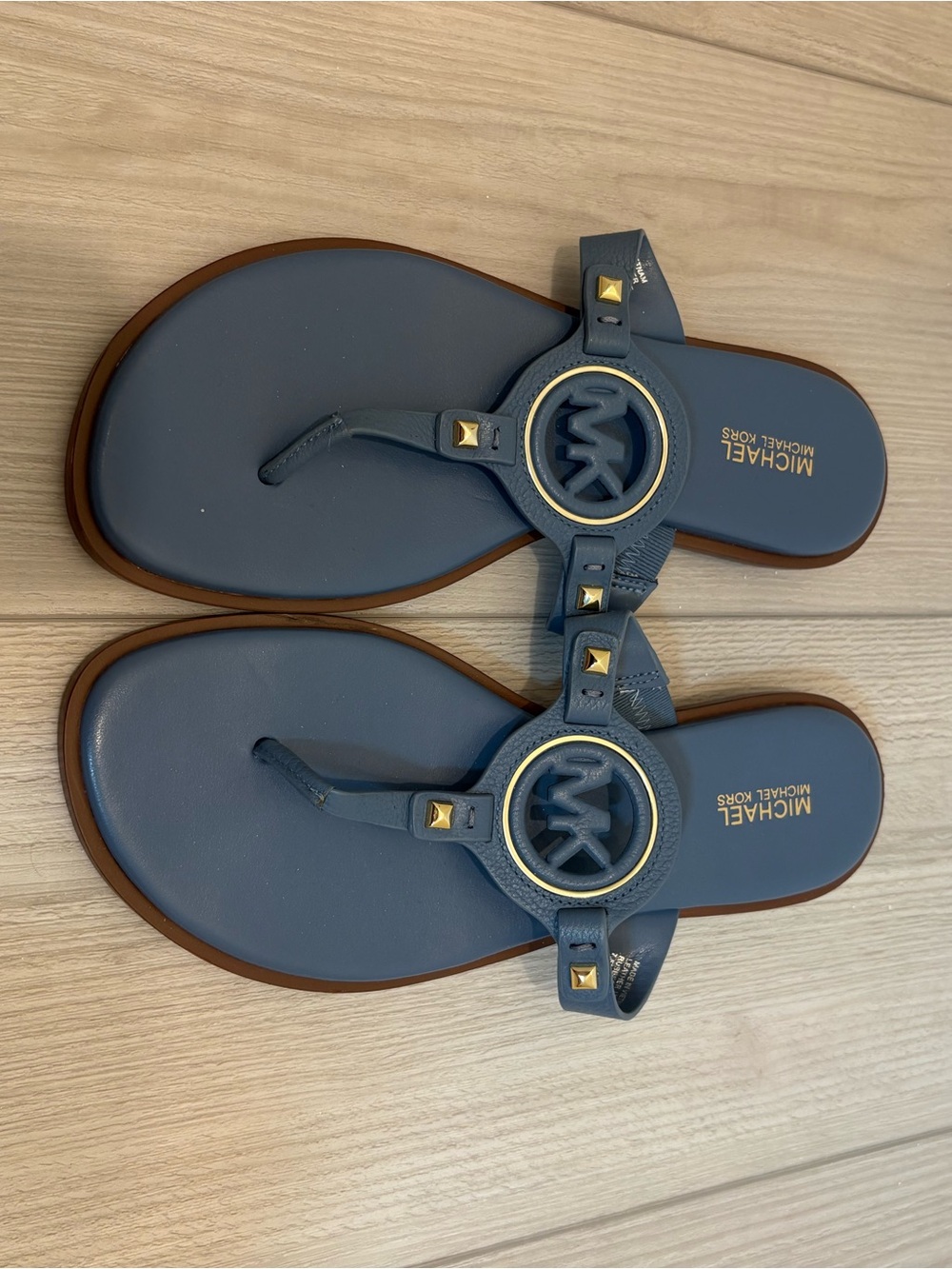 Michael Kors Blue Logo Thong Sandals with Gold Accents - Picture 2 of 4